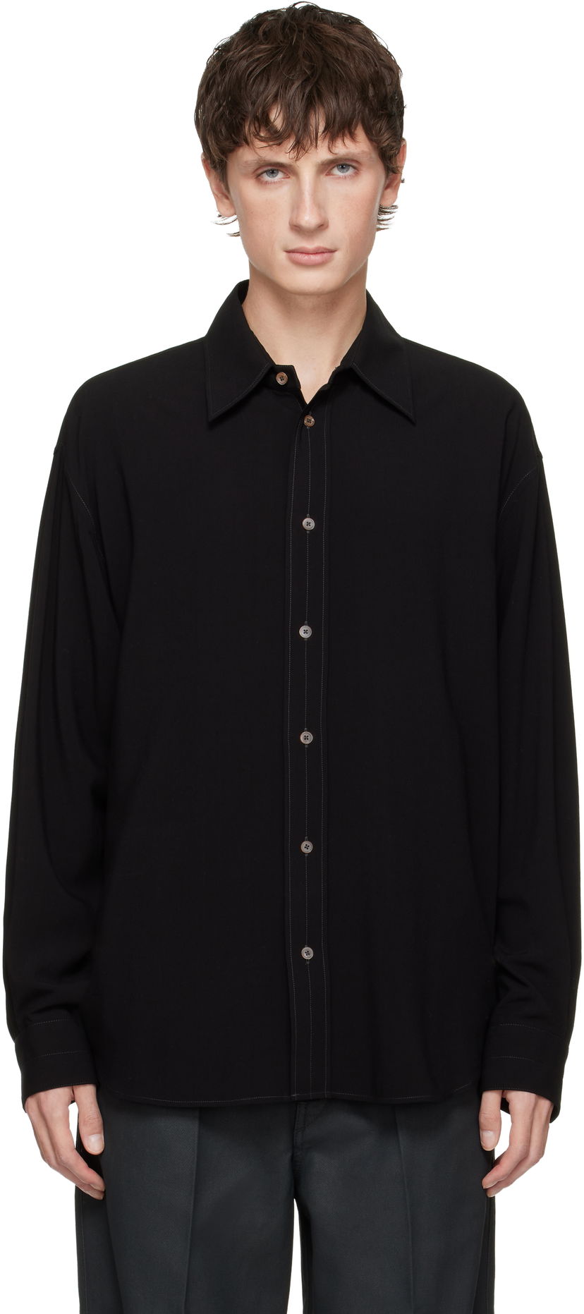 Skjorte LEMAIRE Long-Sleeve Relaxed Shirt with Contrast Stitching Sort | SH1206 LF1286