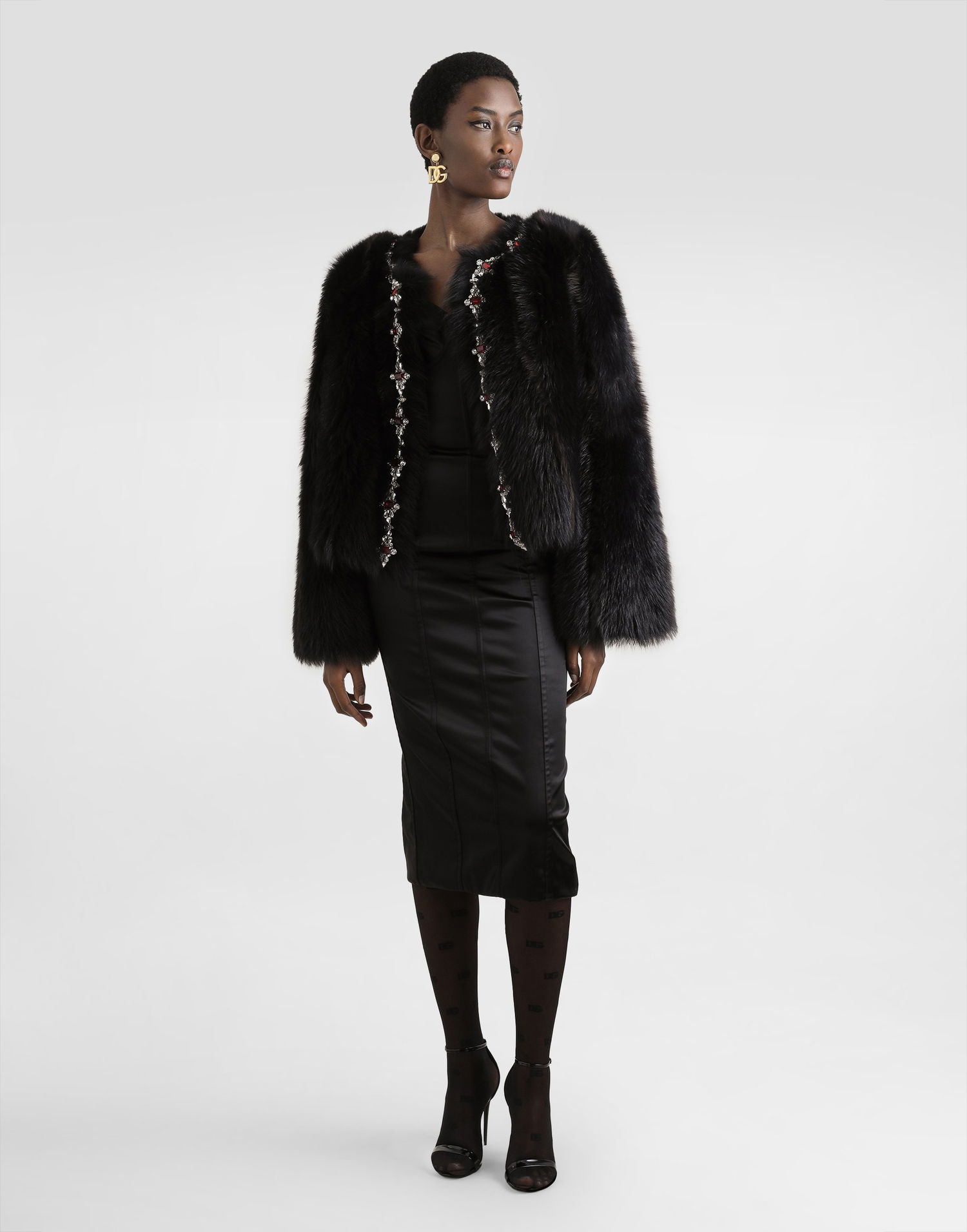 Jakke Dolce & Gabbana Dolce & Gabbana Fluffy Sheepskin Jacket with Crystal Inlay Sort | F27GEZFUPFQM1512, 1