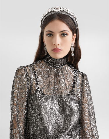 Skjorte Dolce & Gabbana High-neck Long-sleeve Lamé Lace Top with Scalloped Hem, Collection Metalisk | F7BD7TILMCFS0998, 3