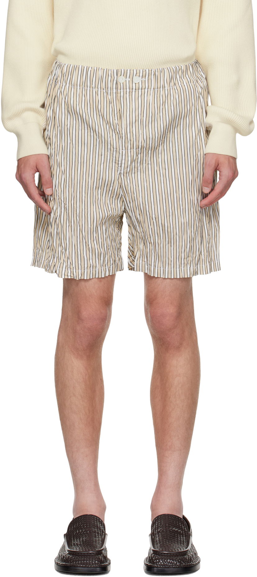 Shorts Bottega Veneta Bottega Veneta Crushed Tech Cotton Stripe Shorts Beige | 833970V5NM08773