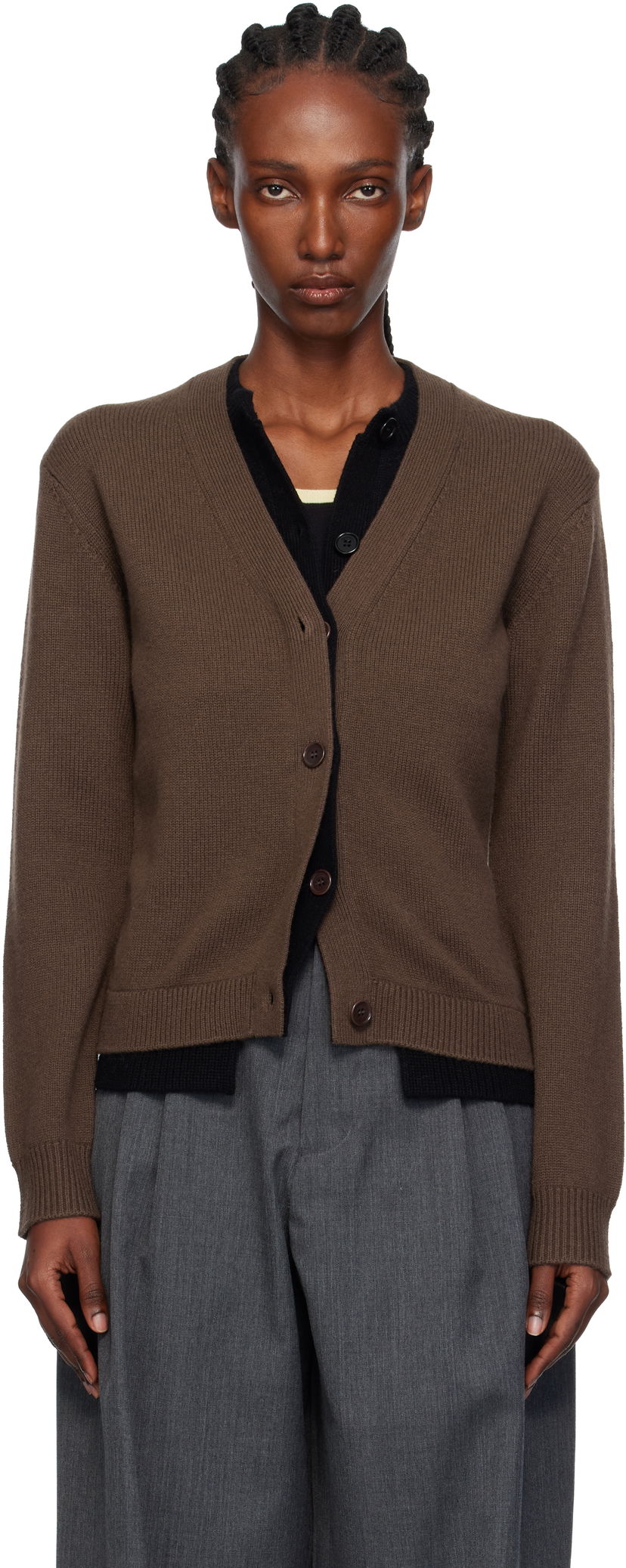 Sweater JW Anderson Contrast Layered V-Neck Ribbed Cardigan Brun | KW1494-YN0423