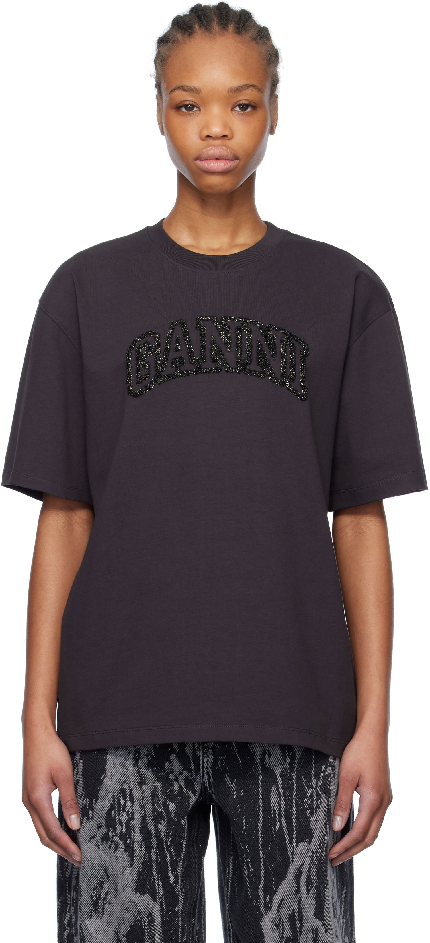 T-shirt GANNI GANNI Heavy Cotton Drop Shoulder T-Shirt with Embroidered Logo Brun | T4095, 0