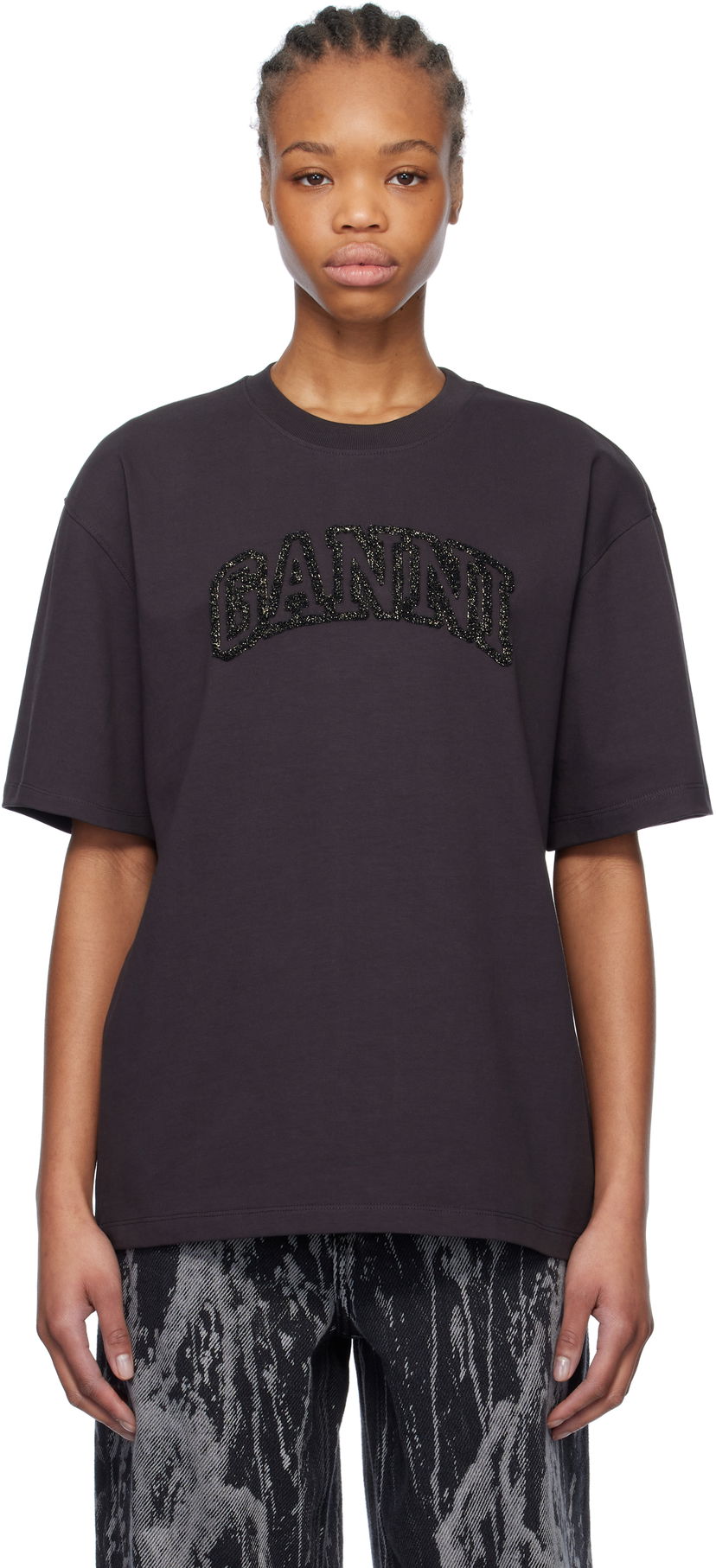 T-shirt GANNI GANNI Heavy Cotton Drop Shoulder T-Shirt with Embroidered Logo Brun | T4095