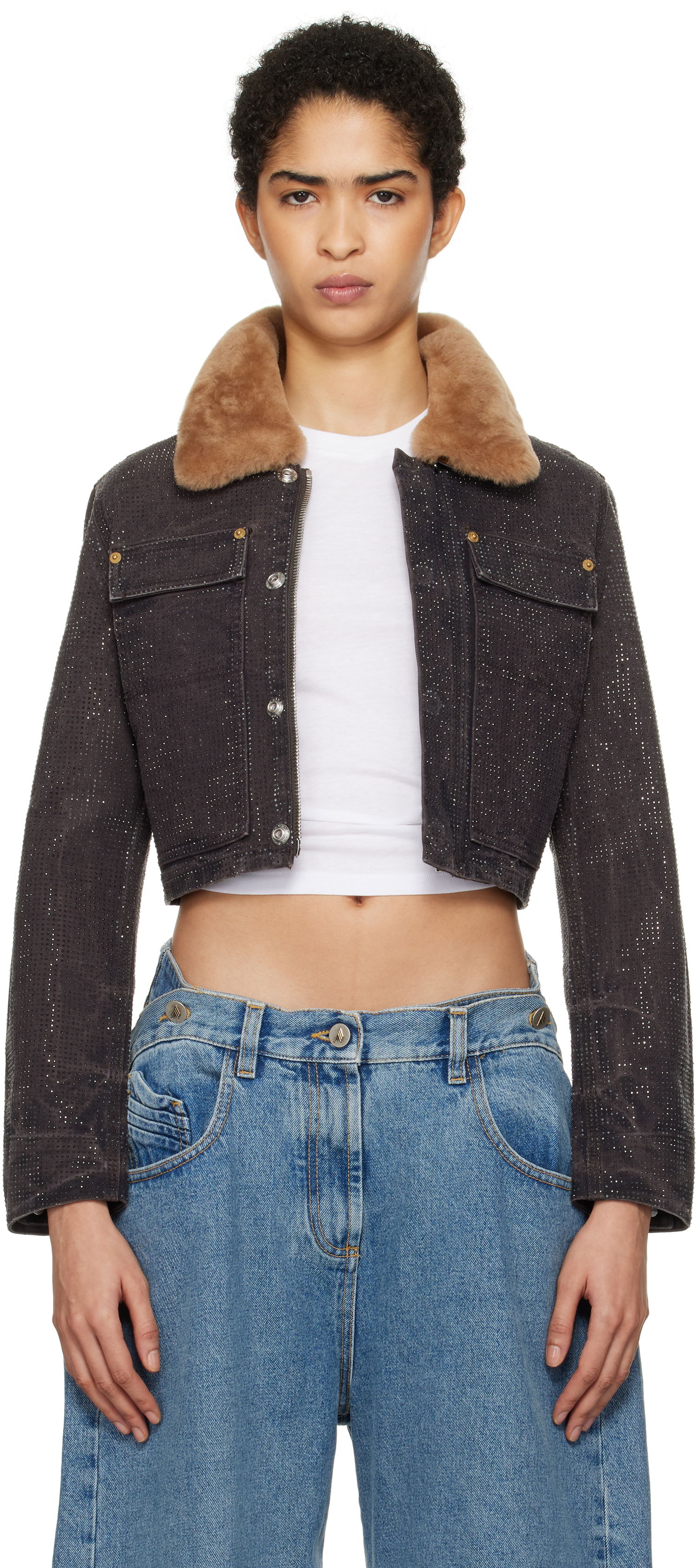 Jakke Alexander Wang Alexander Wang Workwear Cropped Denim Jacket with Shearling Collar Brun | 1WC4242501, 0