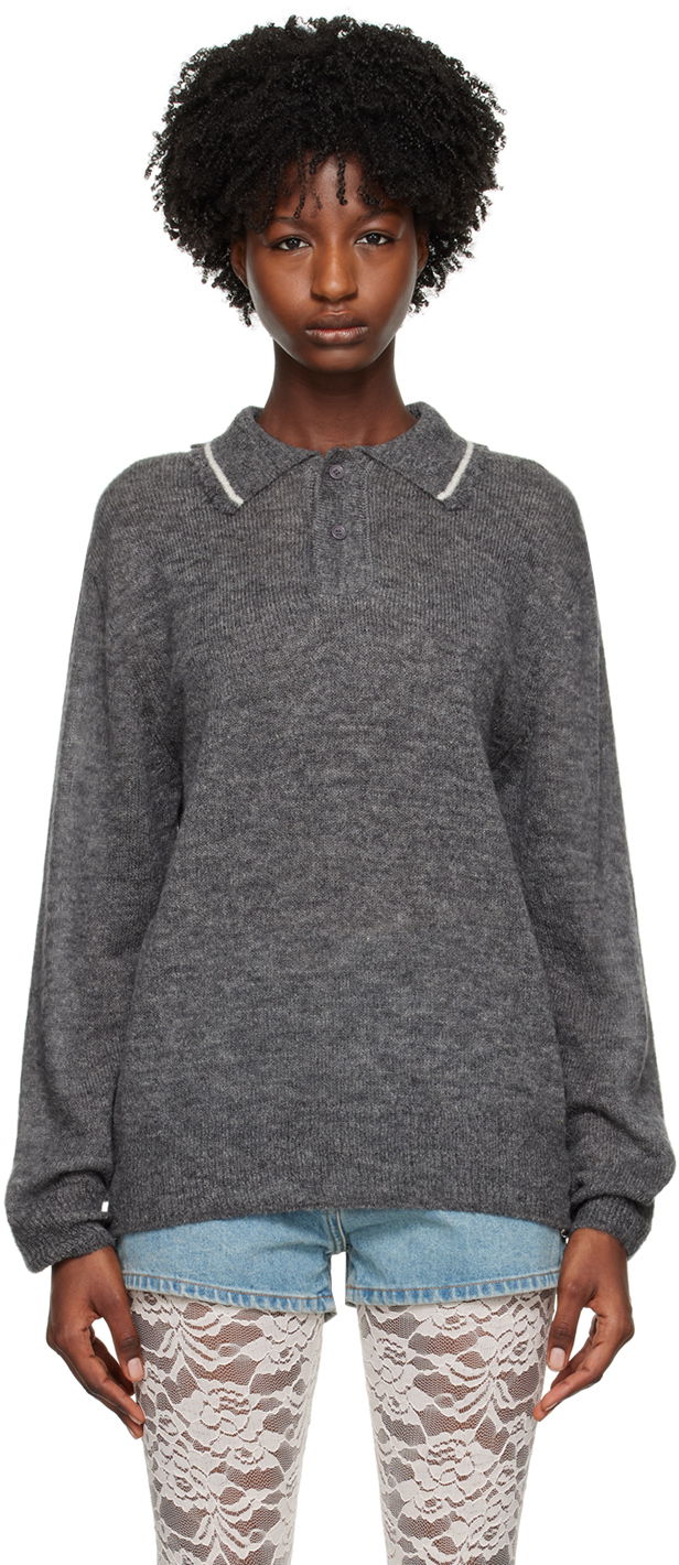 Sweater We11done Frayed Polo Sweater Grå | WD-KT1-23-665-U-GY