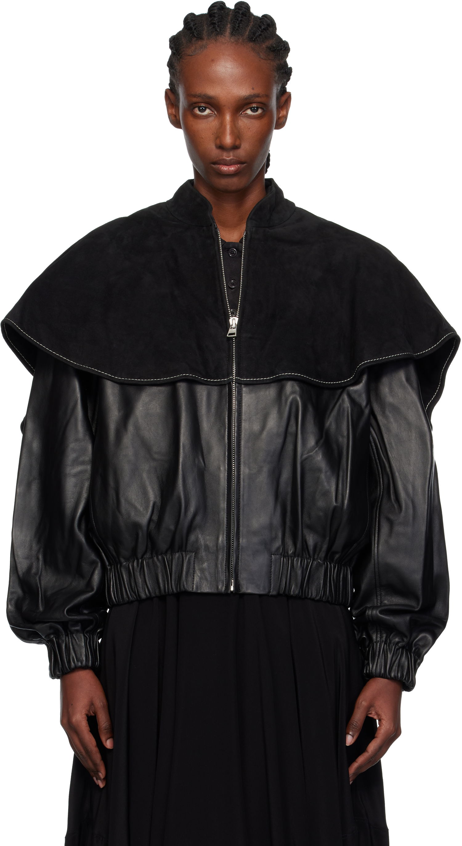 Bomberjakke JW Anderson JW Anderson Oversized Collar Leather Bomber Jacket Sort | LJ0057-LT0122, 0