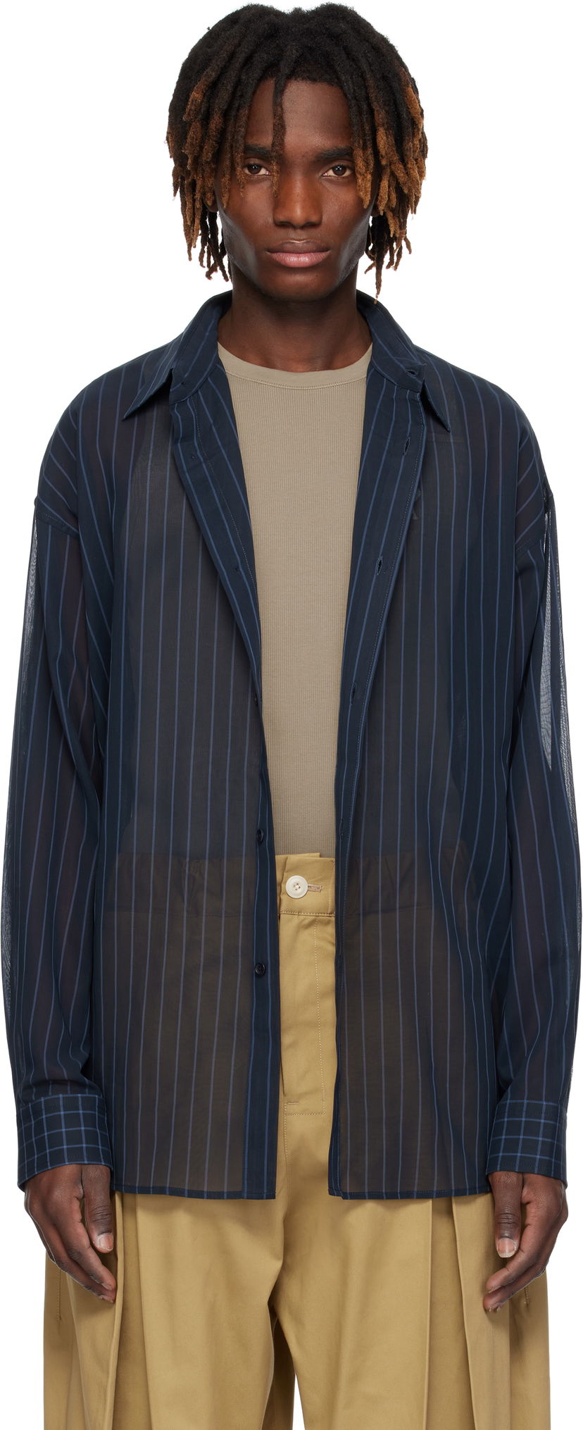 Skjorte sage NATION SAGE NATION Chisholm Sheer Striped Shirt Mørkeblå | S075 CHISHOLM SHIRT