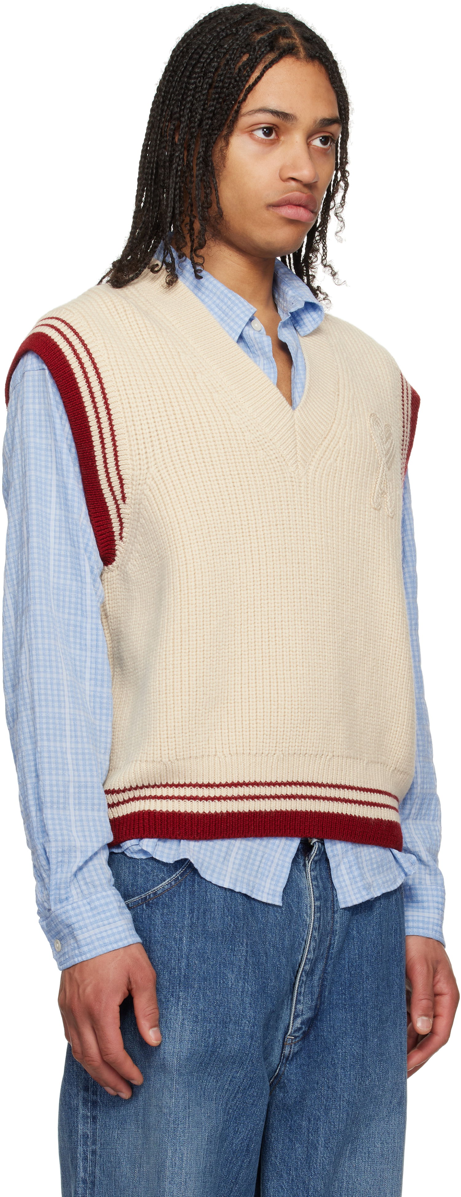 Sweater AMI AMI Paris Wool Ribbed V-Neck Vest Beige | UKS768.KN0068, 1