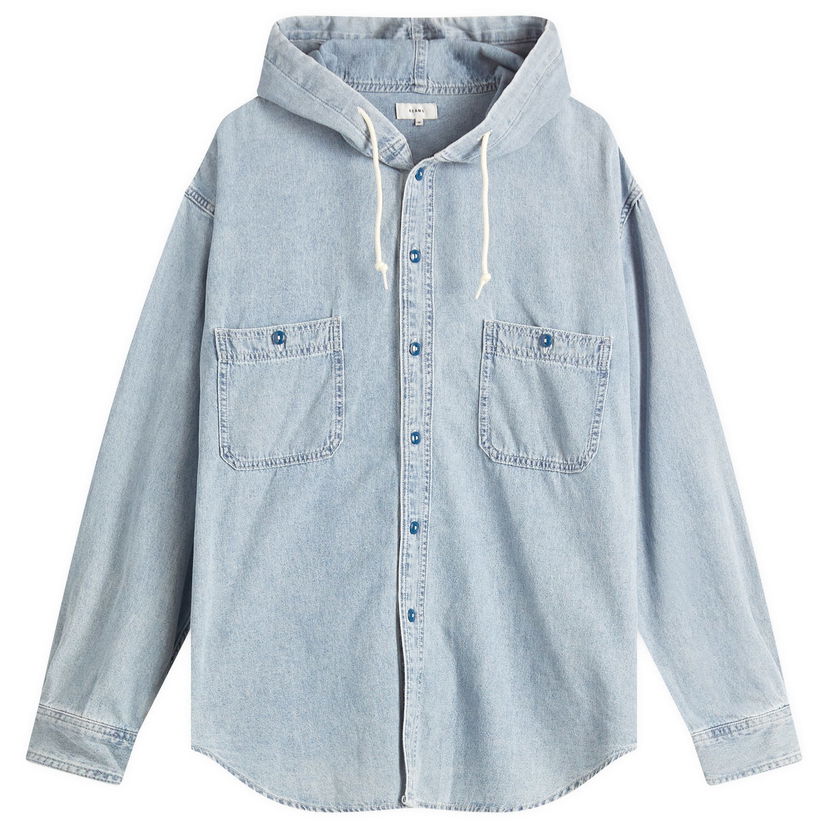 Skjorte BEAMS BEAMS Chambray Hooded Shirt, Size Large Blå | 1111-1137-791-72