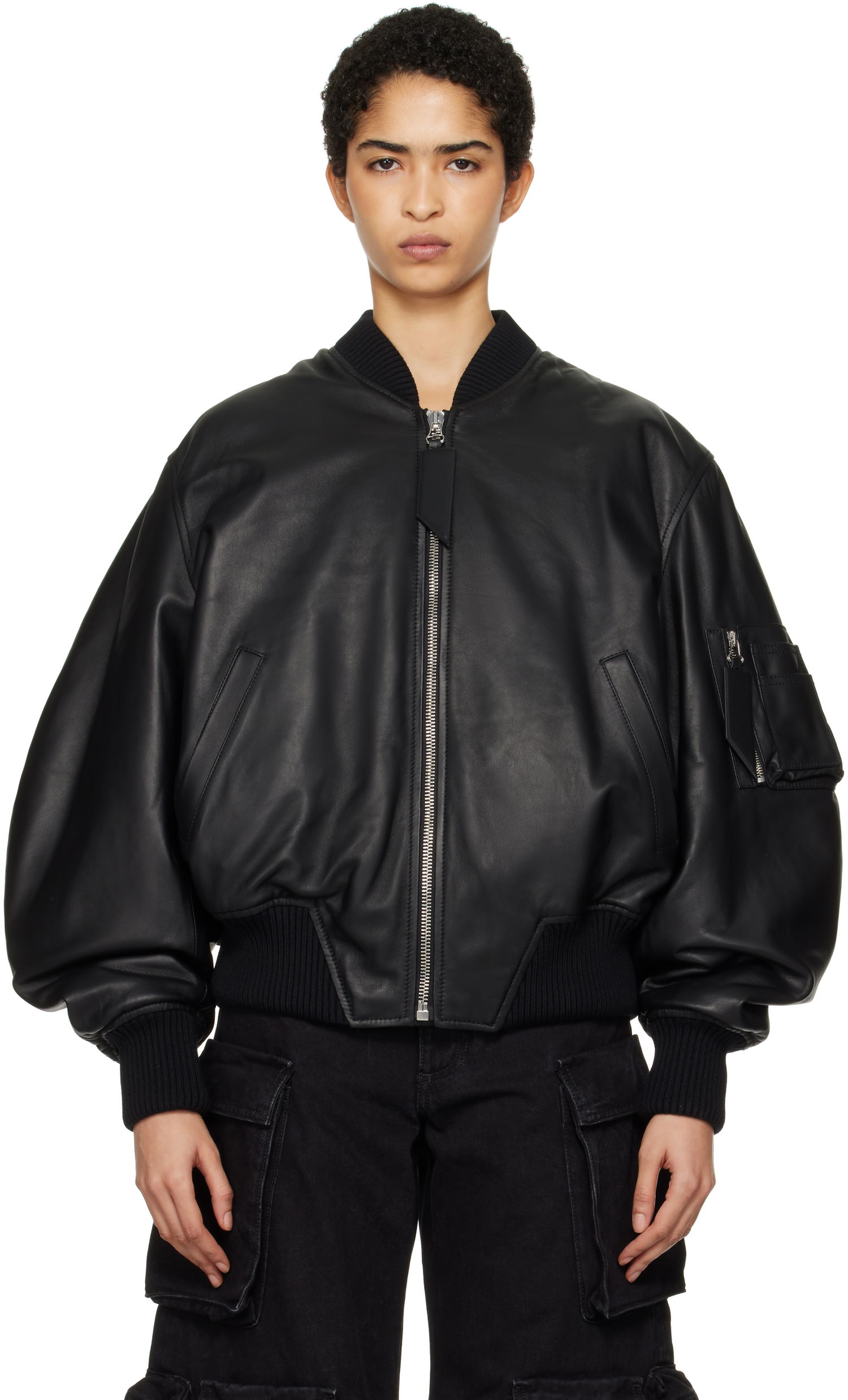 Bomberjakke The Attico The Attico Anja Leather Bomber Jacket Sort | 250WCB00004 LBT128AA, 0