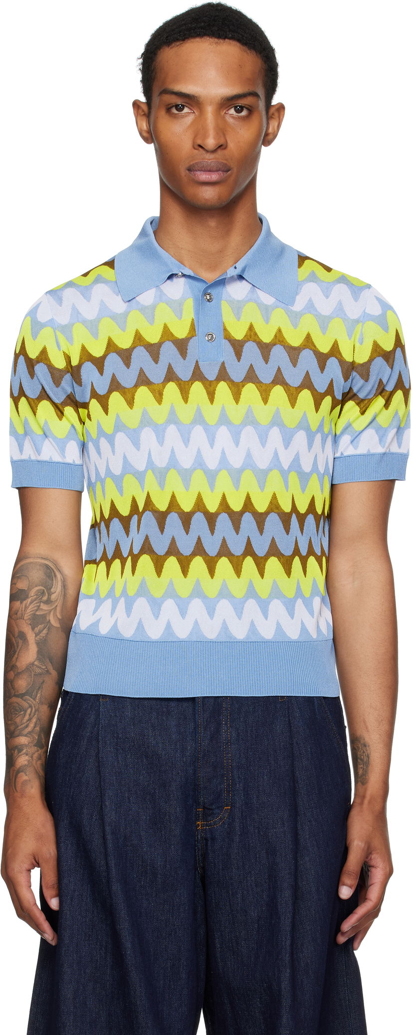 Polo skjorte Versace Versace Wave Knit Polo Blå | 1019862_1A14045