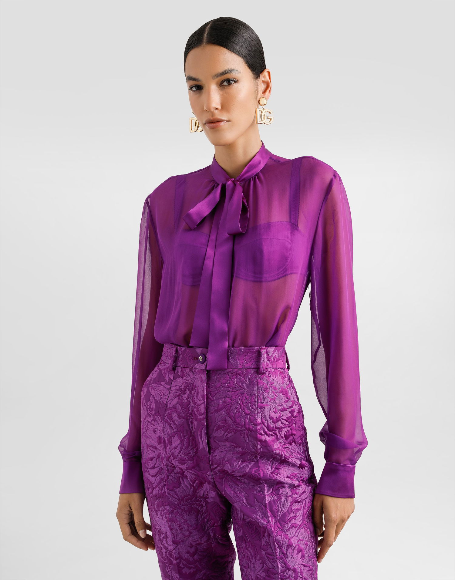 Skjorte Dolce & Gabbana Dolce & Gabbana Chiffon Shirt with Satin Bow Lilla | F5S81TFU1ATF0571, 1