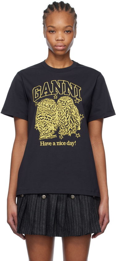 T-shirt GANNI GANNI Owls Relaxed Jersey T-Shirt Sort | T4059, 0