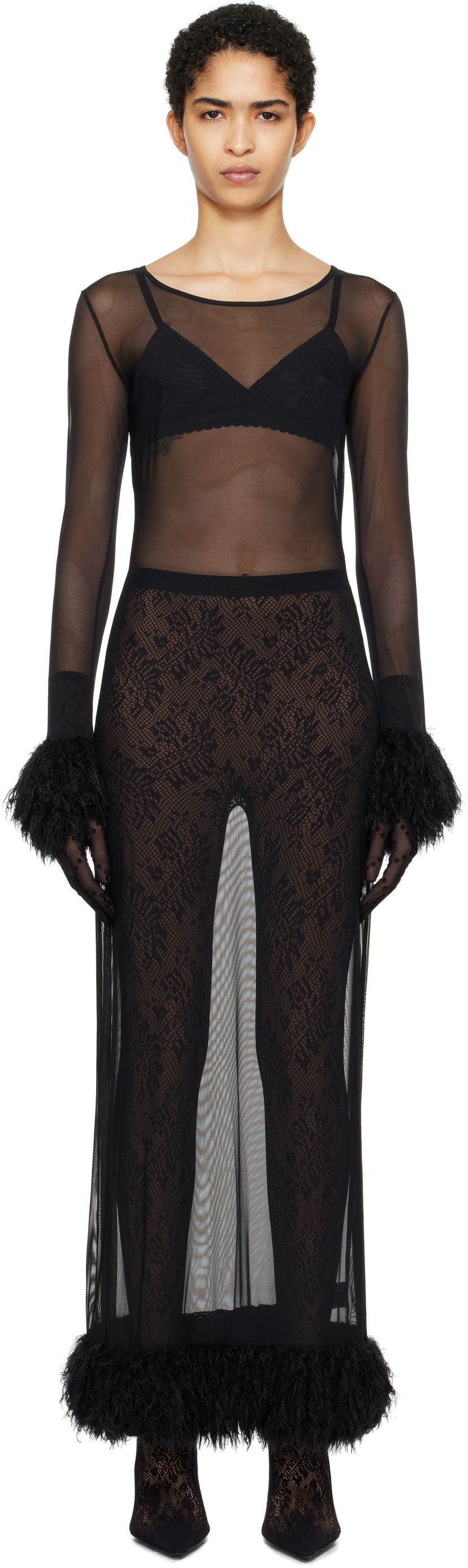 Kjole Marine Serre Feather Trim Mesh Maxi Dress Sort | WDR276A