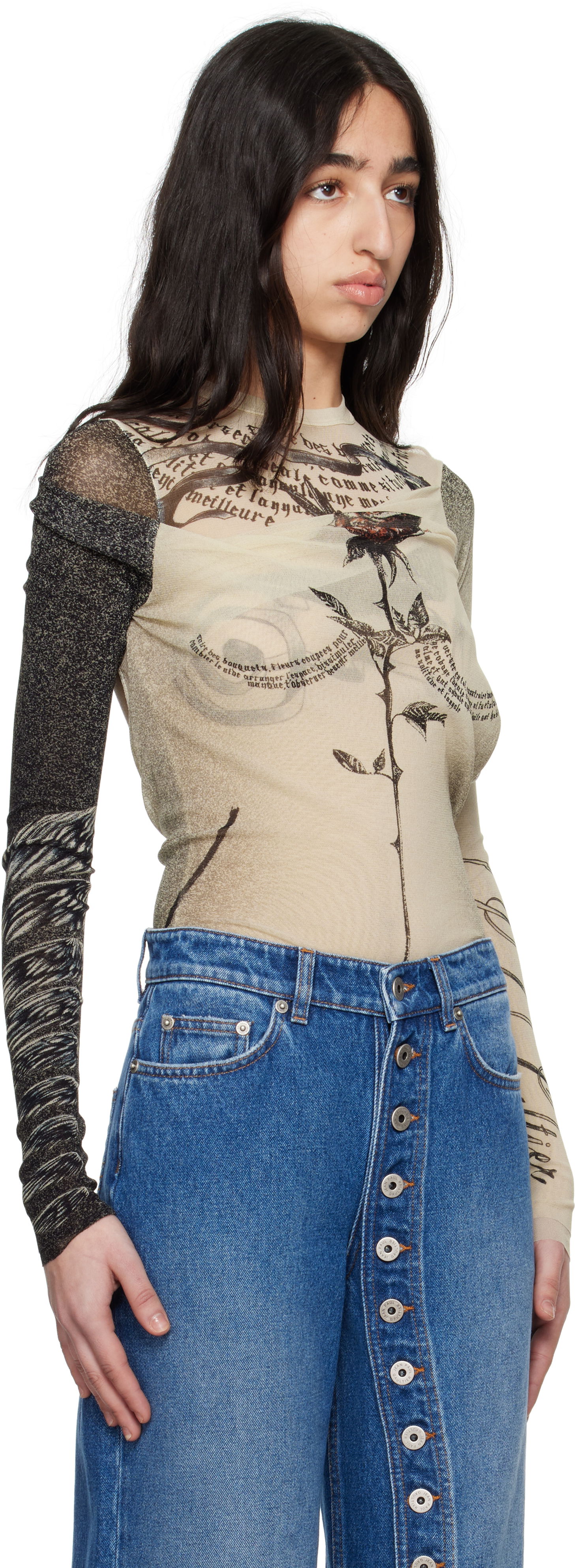 T-shirts og tank tops Jean Paul Gaultier Jean Paul Gaultier 'The Tattoo Rose and Bird' Printed Mesh Bodysuit Beige | 25/34-F-BD066-T583-030030, 1