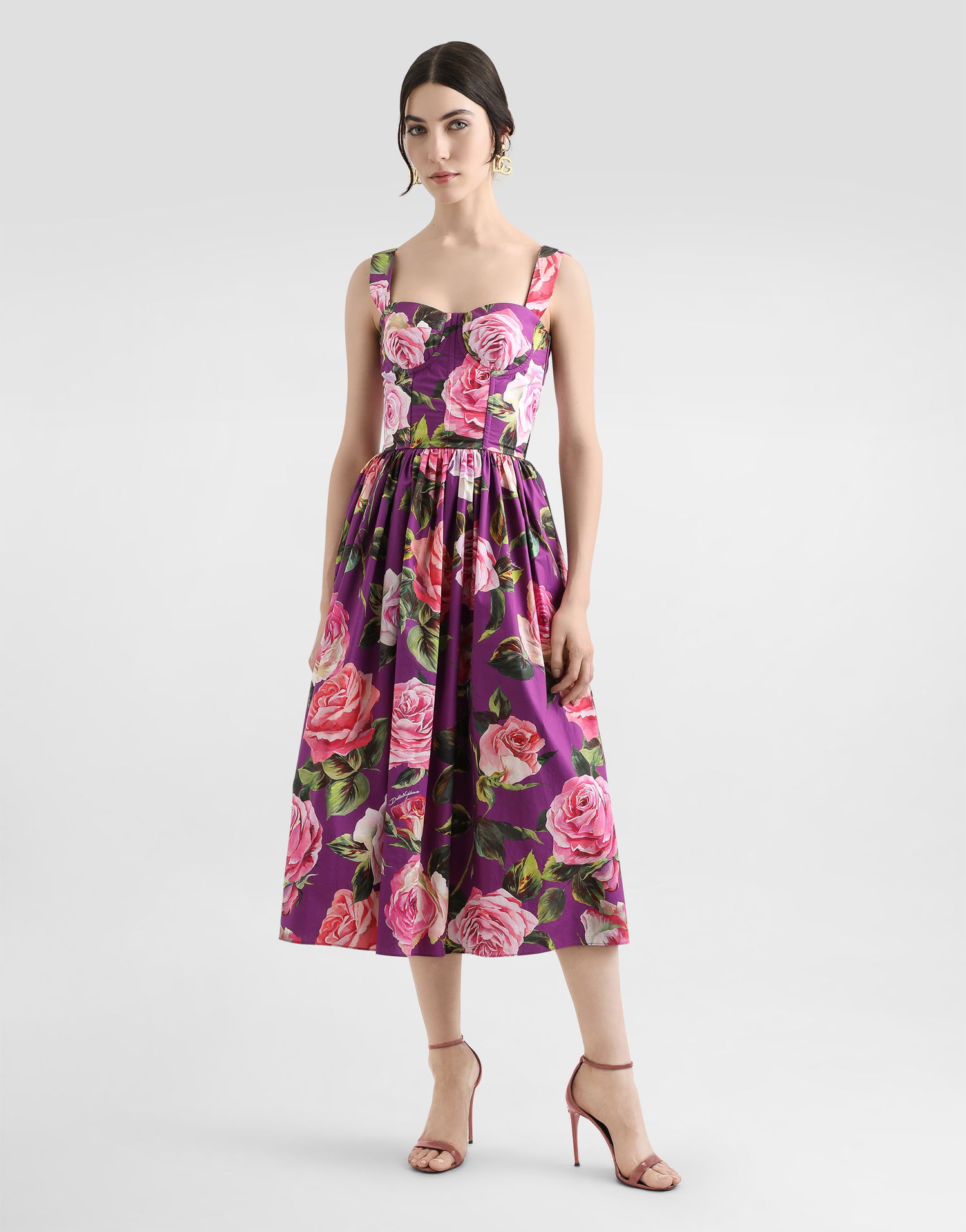 Kjole Dolce & Gabbana Dolce & Gabbana Rose Print Cotton Midi Dress Lilla | F6ZT1THS5TDHP5IG, 1