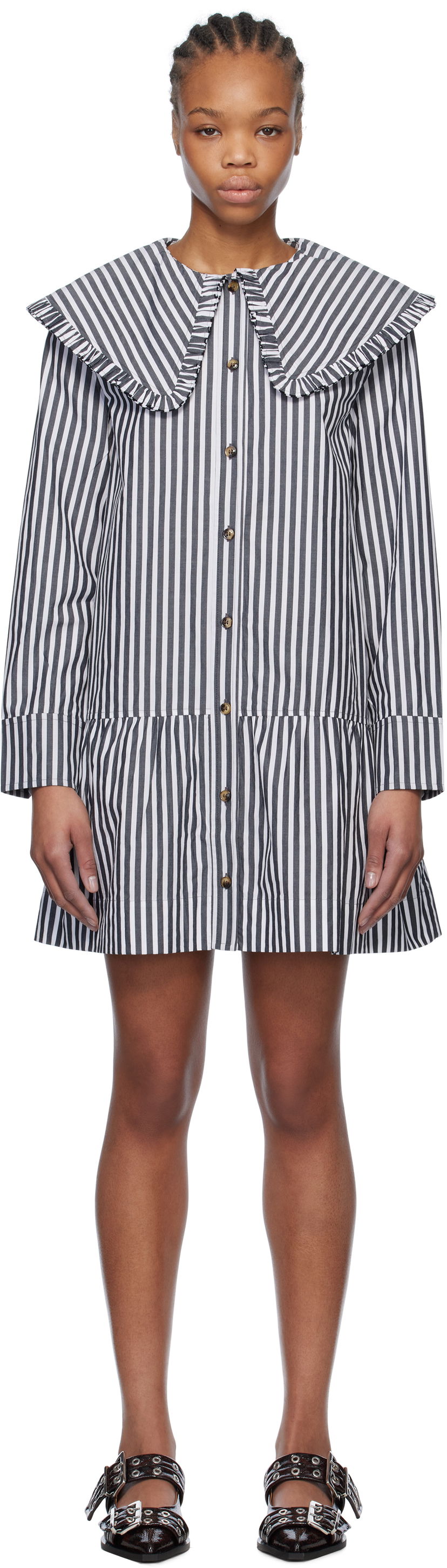 Kjole GANNI Ganni Striped Ruffle Collar Minidress Flerfarvet | W0098