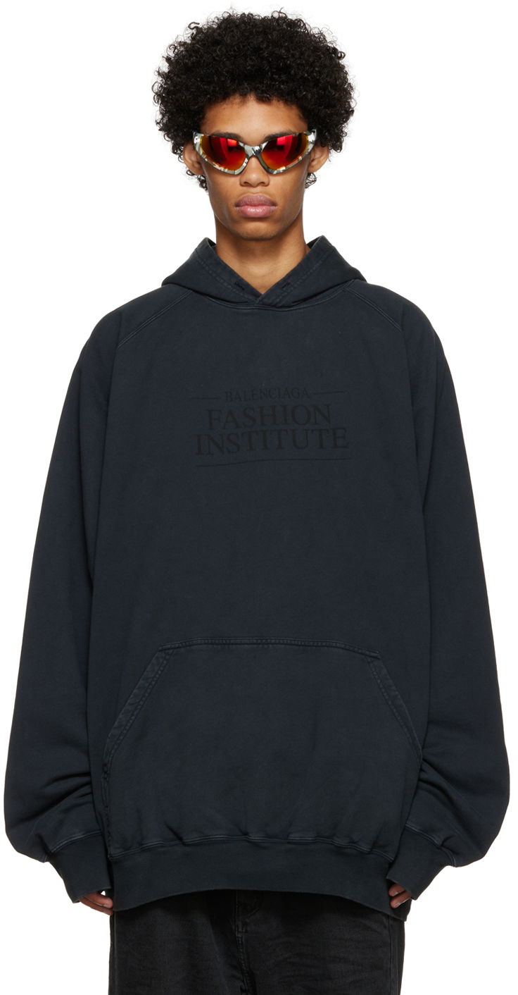 Sweatshirt Balenciaga Institute Graphic Print Cotton-Blend Hoodie Sort | 697879-TMVK1-8190