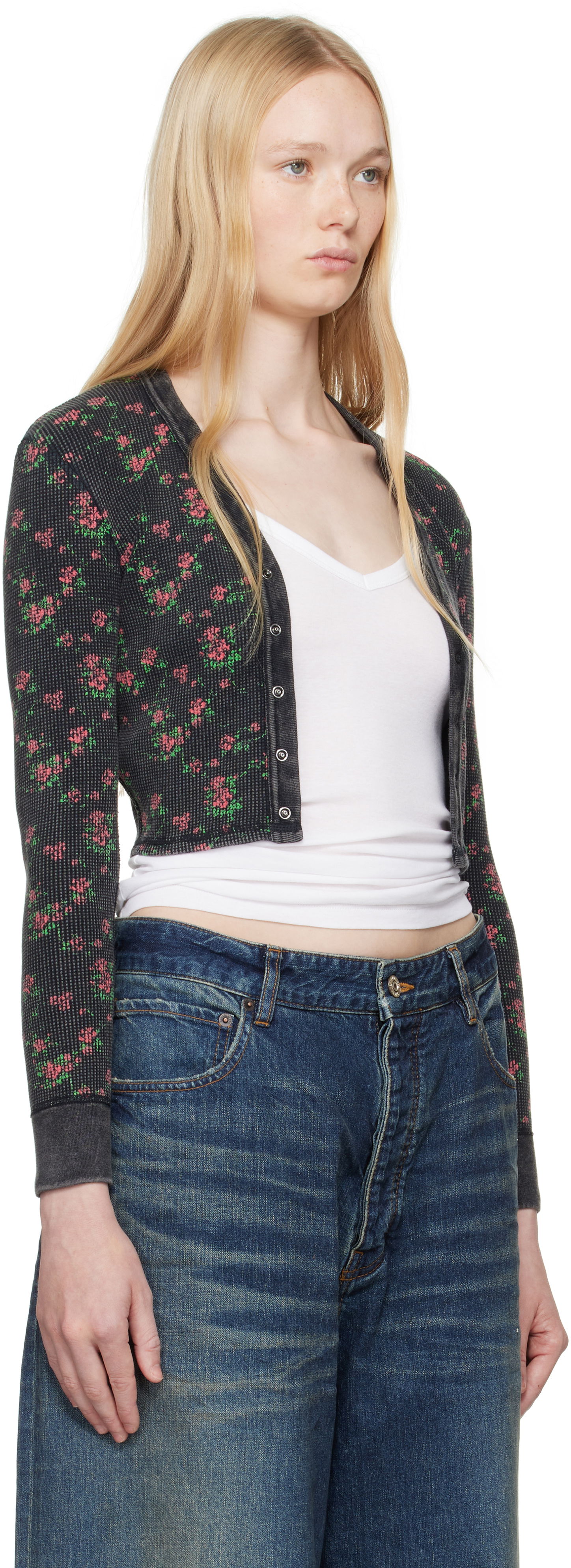 Sweater Alexander Wang Alexander Wang Floral-Print Waffle Knit Cropped Cardigan Sort | 8C4245810P, 1