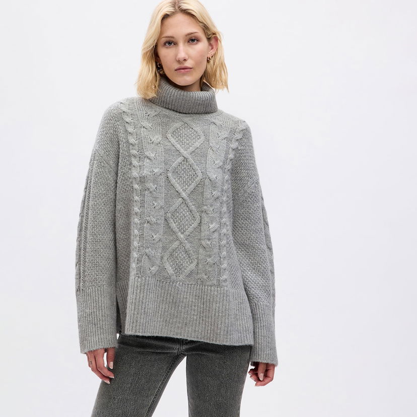 Sweater GAP Sweater Tneck Cable Light Grey Heather XXS Grå | 815134-00