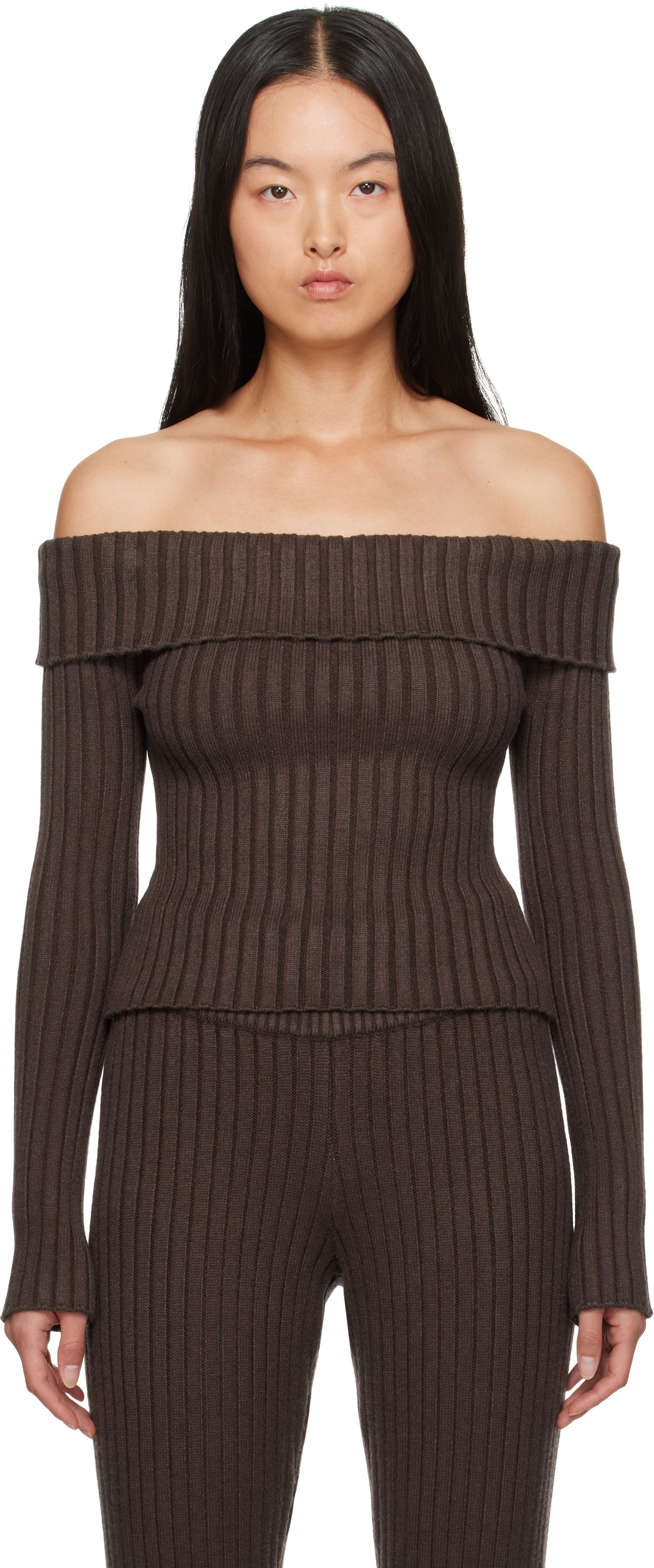 Sweater GUIZIO Guizio Thalia Off Shoulder Ribbed Knit Sweater Brun | F24108S045, 0