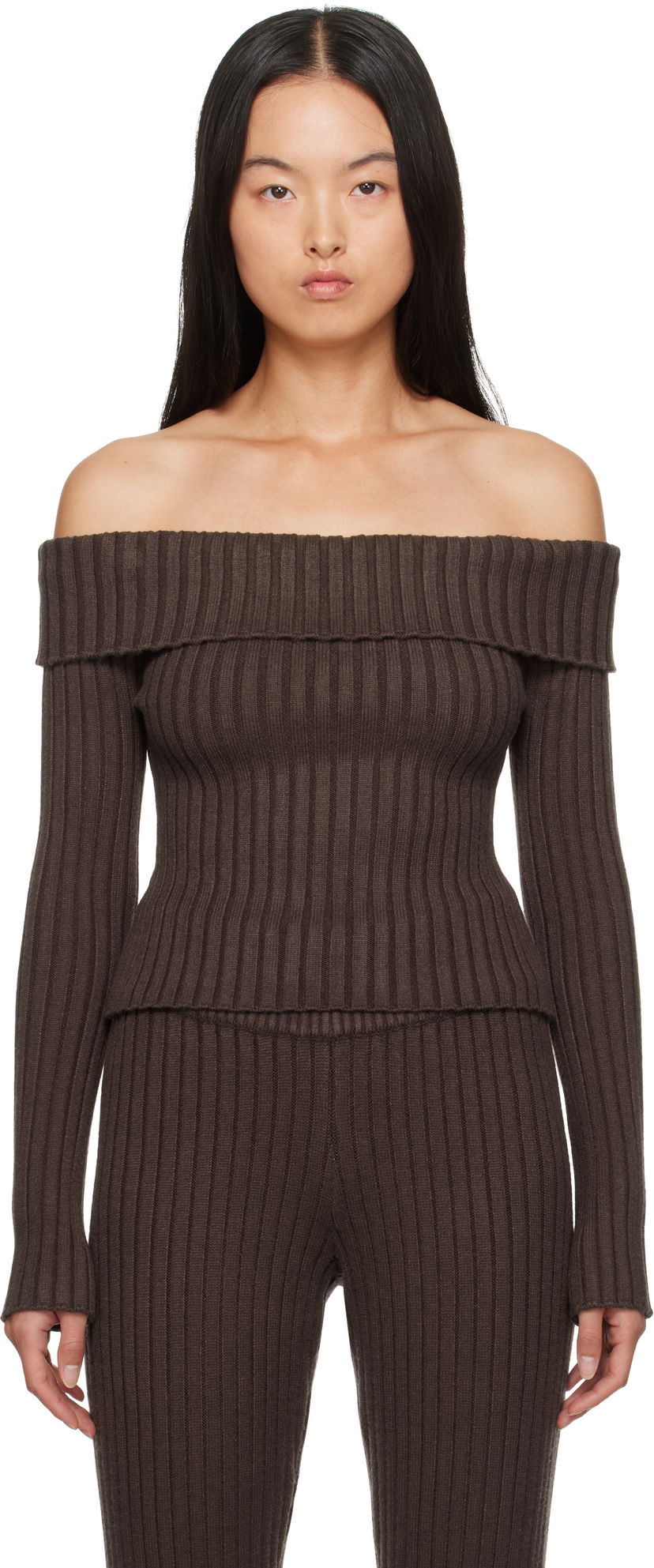 Sweater GUIZIO Guizio Thalia Off Shoulder Ribbed Knit Sweater Brun | F24108S045