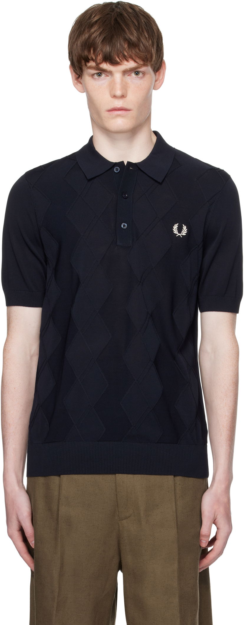 Polo skjorte Fred Perry Fred Perry Cable Knit Polo Mørkeblå | K9748