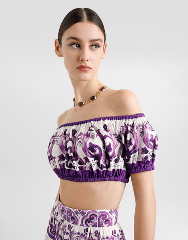 Crop top Dolce & Gabbana Dolce & Gabbana Majolica Print Poplin Off-Shoulder Top Lilla | F755RTHH5EQI23TN, 3
