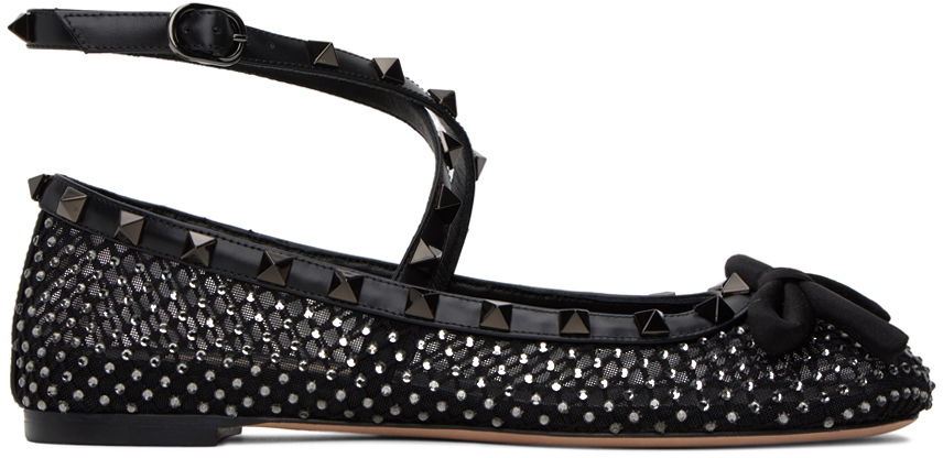 Sneakers og sko Valentino Rockstud Mesh Studded Ankle Strap Ballerina Flats Sort | 4W2S0HB6NIM, 0