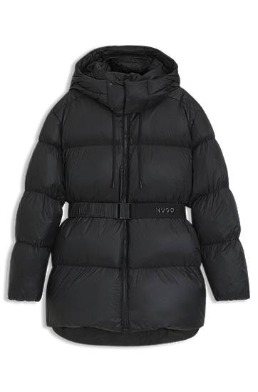 Puffer jakke BOSS Water-repellent padded jacket with detachable belt and hood Sort | 50547228, 0