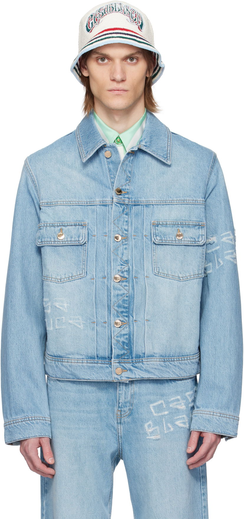 Jakke Casablanca Casablanca Graffiti Distressed Denim Jacket Blå | MS25-JK-343-01