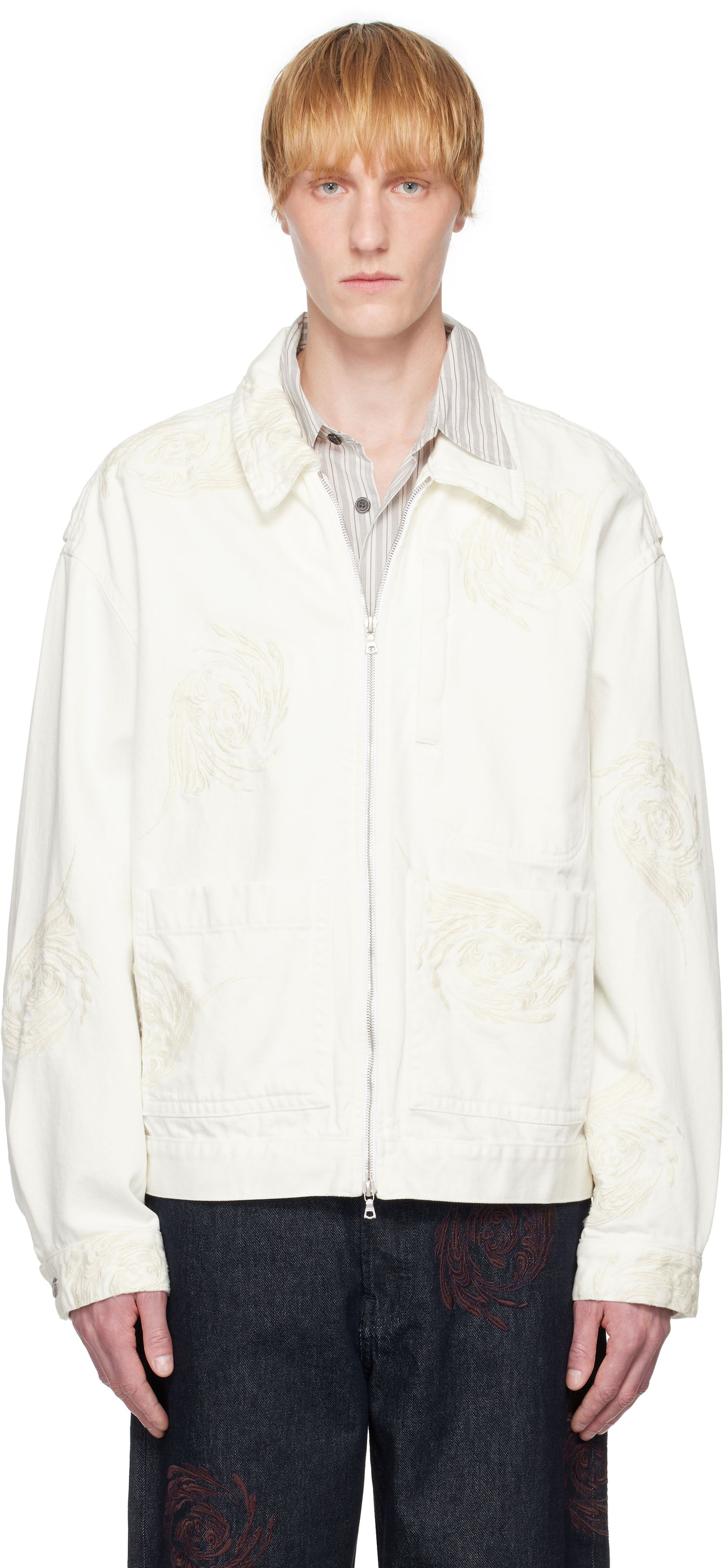 Jakke Dries Van Noten Dries Van Noten Embroidered Pattern Denim Jacket Hvid | 251-080505-1555, 0