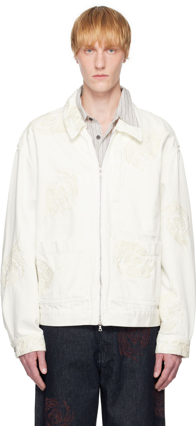 Jakke Dries Van Noten Dries Van Noten Embroidered Pattern Denim Jacket Hvid | 251-080505-1555