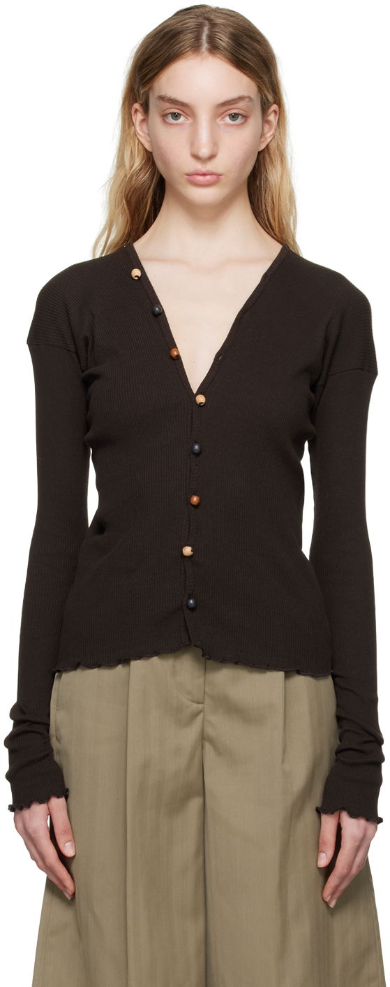 Sweater Baserange Tav Ribbed V-Neck Cardigan with Beaded Buttons Brun | TOTVC-RC-SP23