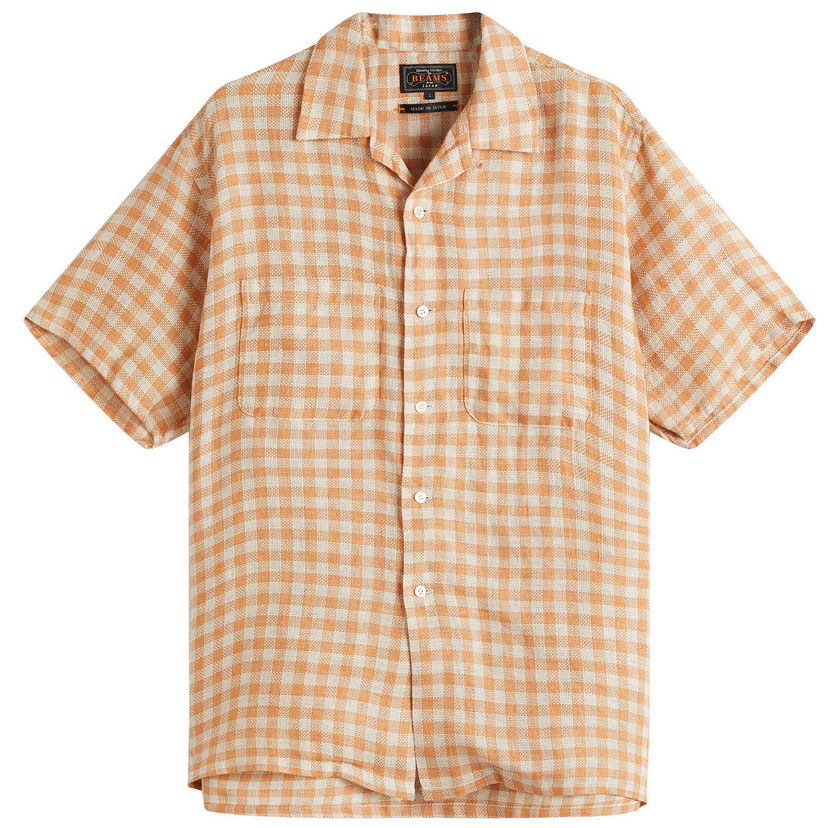 Skjorte BEAMS Beams Plus Open Collar Panama Plaid Linen Shirt, Size Large Orange | 3801-0179-139-45