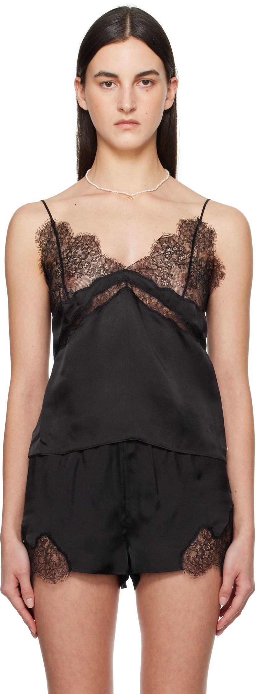 Pyjamas Anine Bing Anine Bing Dorothy Lace-Trim Silk Camisole Sort | A-10-10358-BLK26
