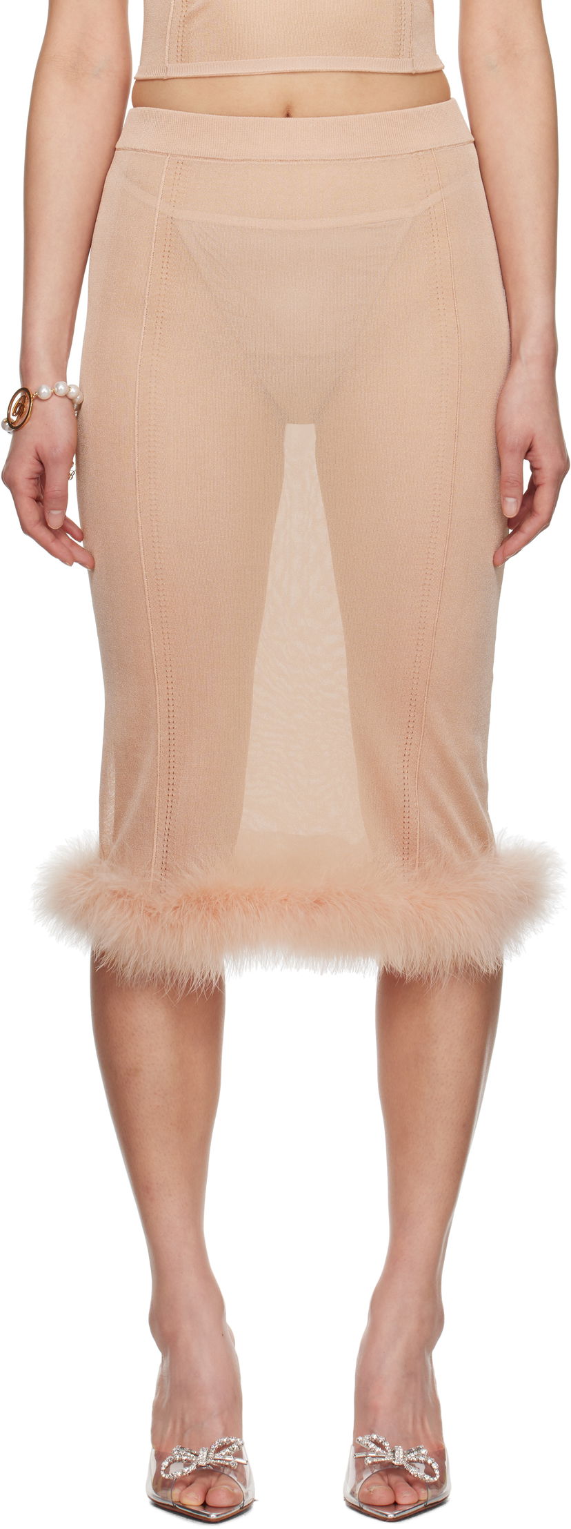Nederdel Blumarine Blumarine Knit Midi Skirt with Feather Trim Beige | P522G234A