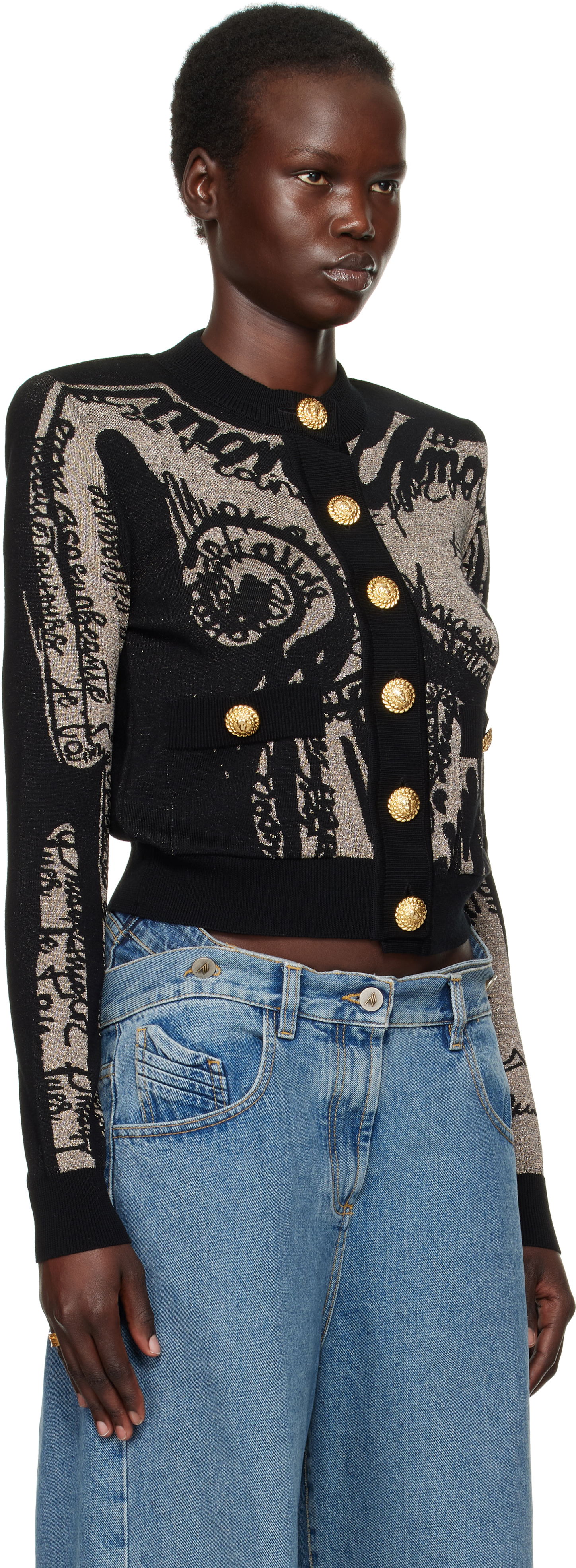 Sweater Balmain Balmain Jacquard Knit Cardigan with Body Motif Sort | EF1KL133KH93, 1