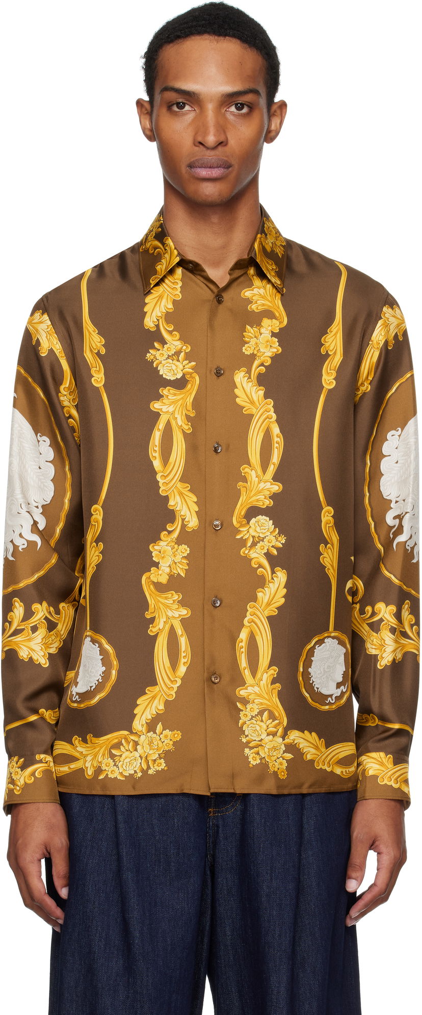 Skjorte Versace Versace Cameo Silk Shirt Brun | 1019438_1A14187