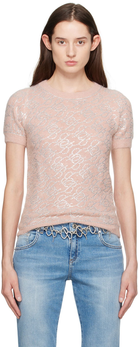 Sweater Blumarine Pink Crystal Pattern Short Sleeve Sweater Lyserød | P422M453A