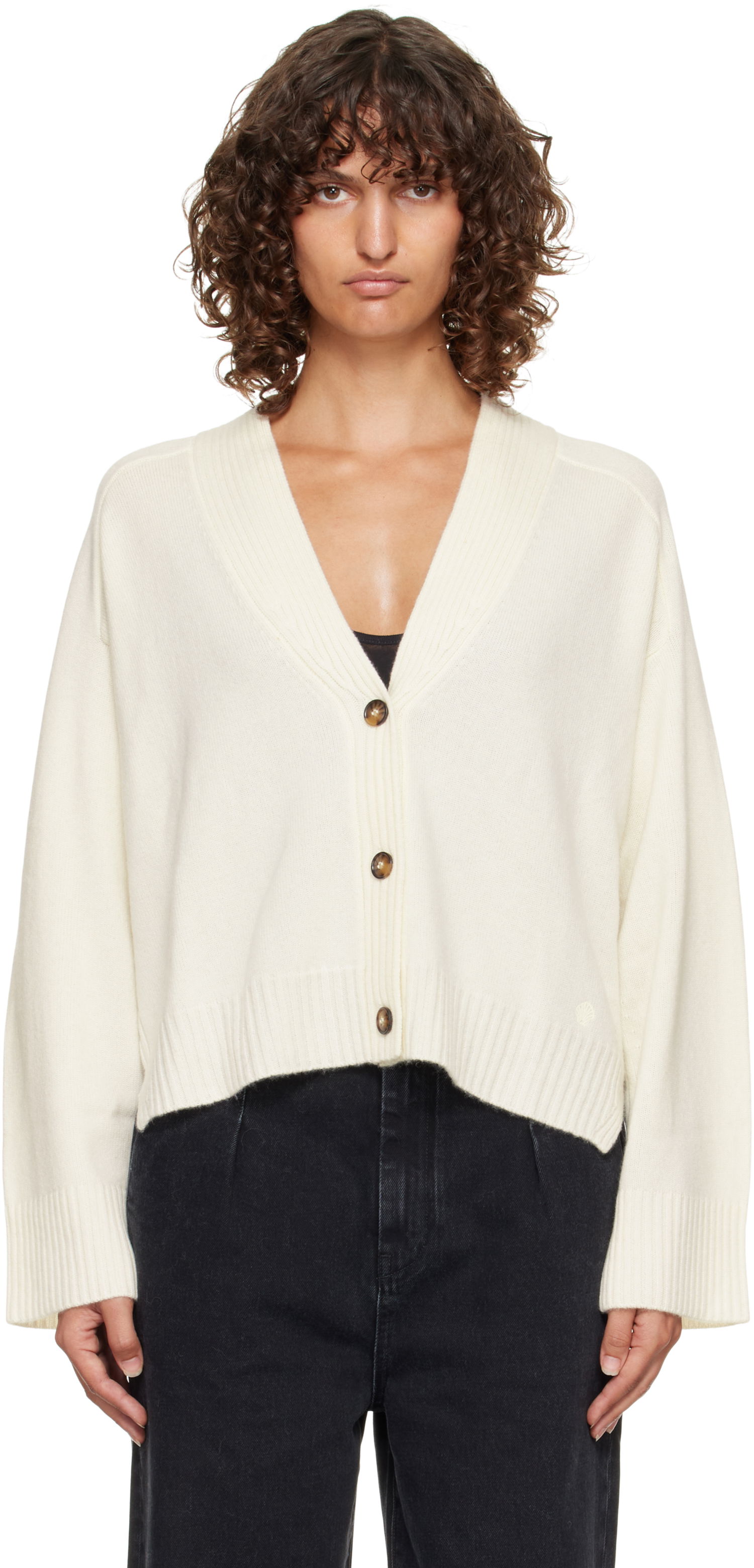 Sweater Loulou de Saison Loulou de Saison Kaia Ribbed Neckline Cardigan Hvid | KAIA LDS, 0