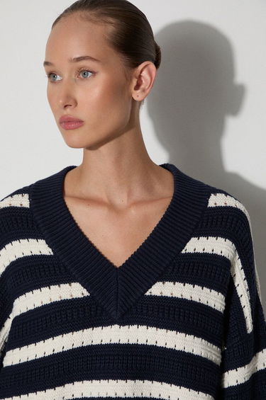 Sweater Samsoe Samsoe Samsoe Samsoe Striped V-Neck Sweater Mørkeblå | F23300195, 3