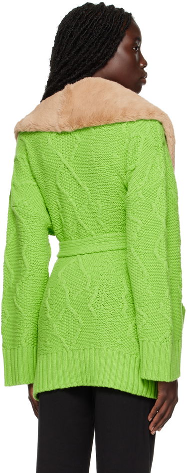 Jakke Blumarine Faux Fur Collar Cable Knit Cardigan Grøn | 2 M220A, 2