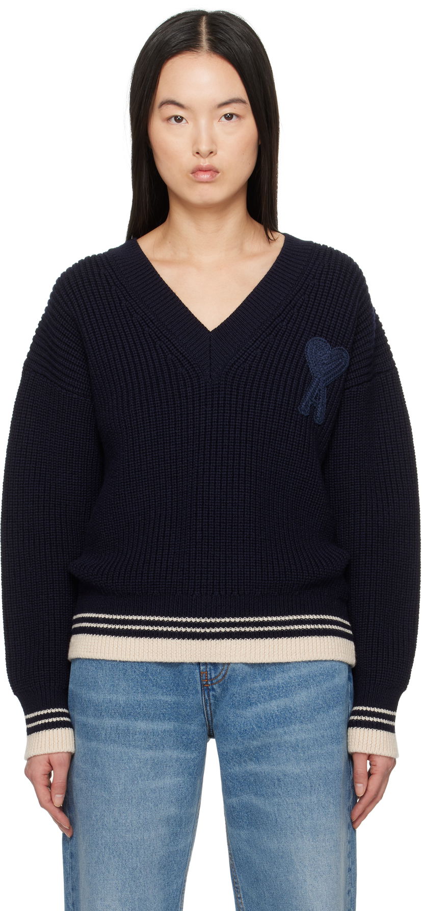 Sweater AMI AMI Paris Wool Ribbed V-Neck Sweater Mørkeblå | UKS268.KN0068