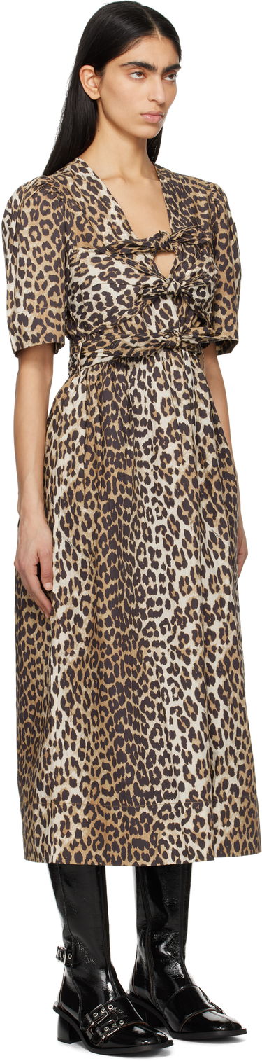 Kjole GANNI GANNI Leopard Print Cotton Tie Strap Midi Dress Brun | W0373, 1