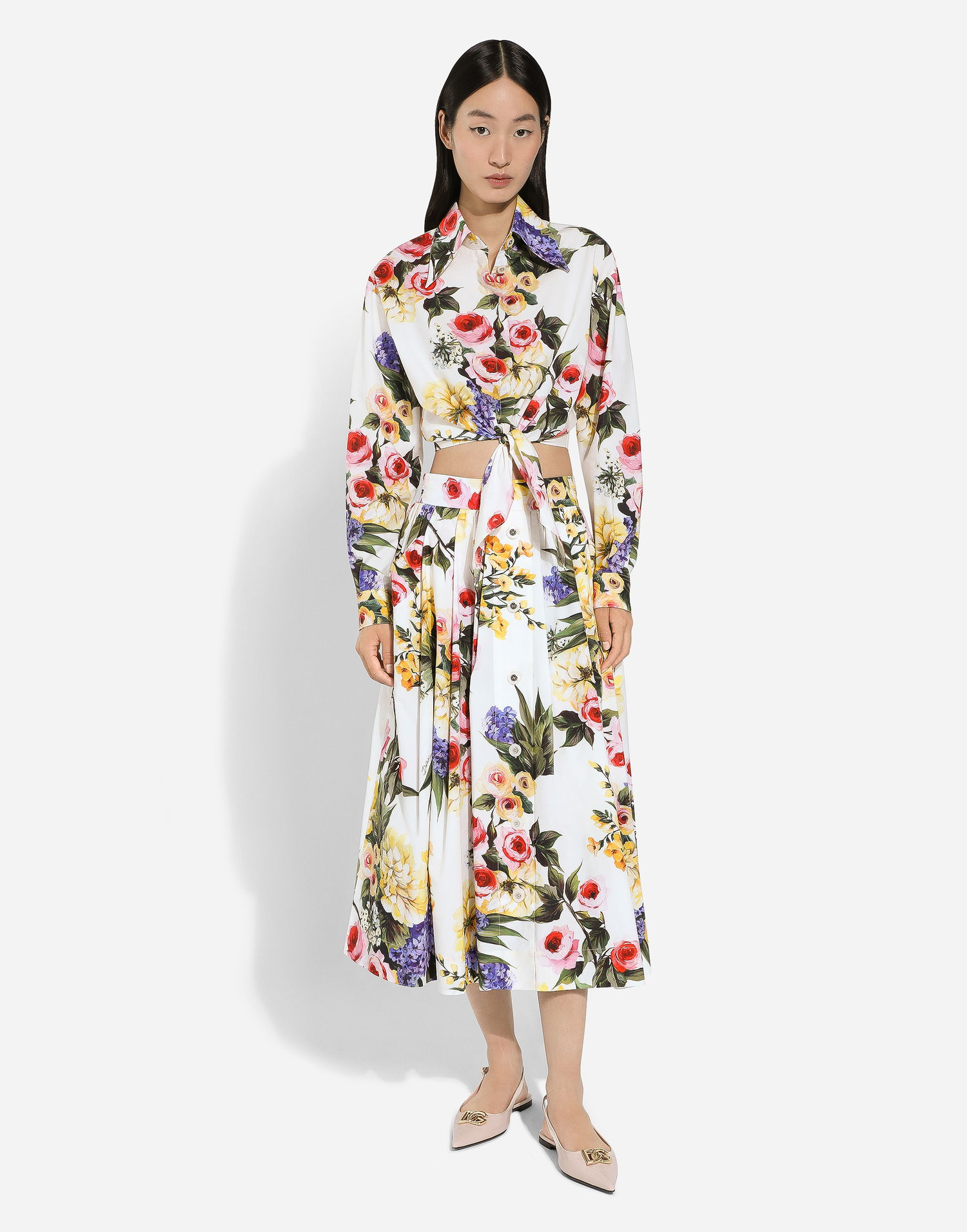 Skjorte Dolce & Gabbana Garden Print Tie-Front Crop Top Hvid | F5R73THS5Q1HA4YB, 1