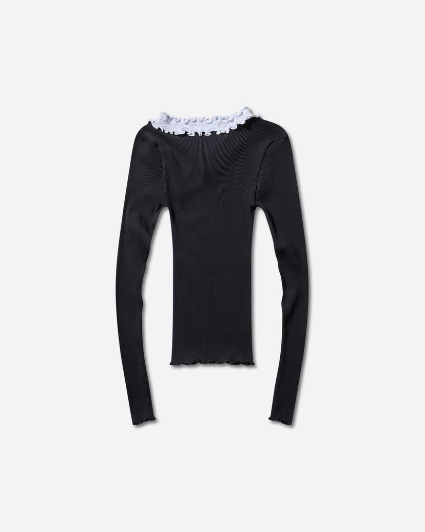Skjorte OpéraSPORT Evita Seamless Ribbed Ruffle-Trim Long-Sleeve Top Sort | W32AW24  4