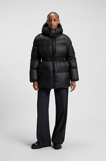 Puffer jakke BOSS Water-repellent padded jacket with detachable belt and hood Sort | 50547228, 1