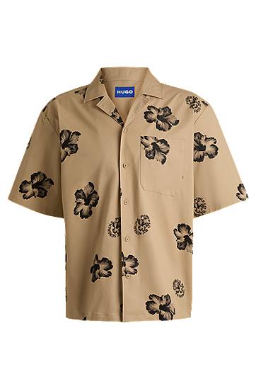 Skjorte BOSS HUGO Relaxed-Fit Hibiscus-Print Stretch Cotton Shirt Beige | 50539135