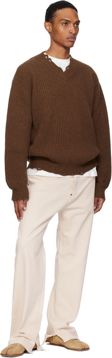 Sweater Maison Margiela MM6 Maison Margiela Ribbed Wool Knit V-Neck Sweater Brun | SH0HN0003 M13138, 3